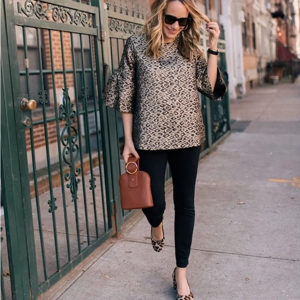 Tuckernuck Metallic Leopard Jacquard Puff-Sleeve Blouse in Gold and Black